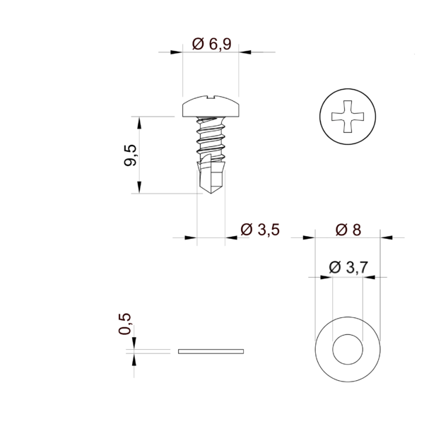 Verbindingselementen (schroef 3,5 x 9,5 + ringetje 3,5)