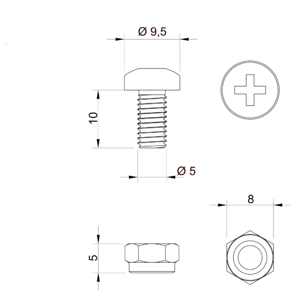 Elementy złączne M5 x 10 mm z nakrętką samokontrującą