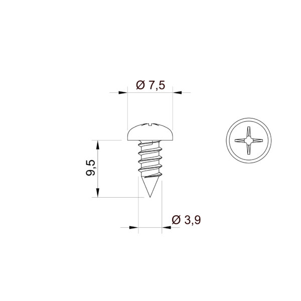 Rozsdamentes domborúfejű kereszthornyos lemezcsavar 3,9 x 9,5 mm